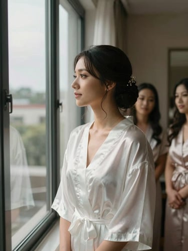 Bride in a robe looking out a tall window, natural diffused overcast light casting soft shadows across her face and fabric, two bridesmaids partially visible in background mirror, candid mid-conversation moment, warm interior tones