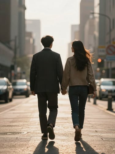 Wide shot of a couple walking hand in hand through an open urban street, golden hour backlighting rimming their shoulders, shot from behind at a low angle, motion visible in their stride, city texture softly out of focus