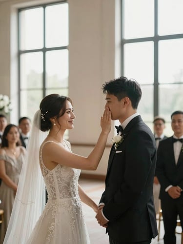 Close environmental frame of a couple mid-ceremony, bride's hand raised to groom's face, guests softly blurred in background, diffused afternoon light through tall windows, warm neutral tones, no eye contact with camera