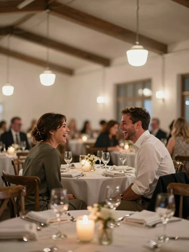 Wide environmental shot inside a reception hall, two guests mid-laughter at a table, one leaning forward, warm candlelight and ambient pendant lights, no one posing, foreground element softly out of focus framing the scene