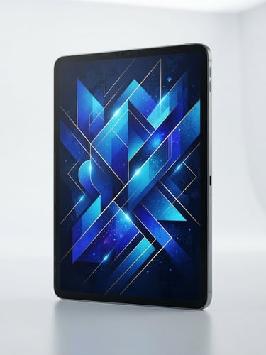 Clean 3D product render of a tablet displaying a modern ebook cover, bright studio lighting, vibrant blue screen accent, sharp focus