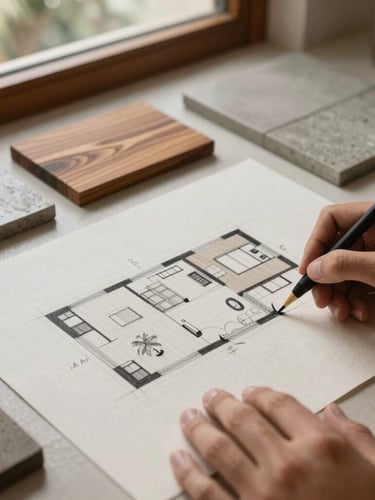 Detail of hands sketching a tropical modernist villa floor plan on textured paper, local Kerala materials like teakwood samples and polished concrete tiles nearby, soft window light, warm tones.