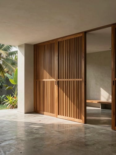 Minimalist Kerala villa interior, soft tropical daylight highlighting custom teakwood partition screens and polished concrete floors, wide-angle architectural shot.