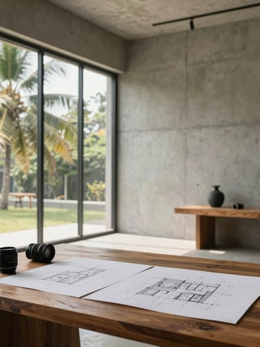 Minimalist portrait of a lead architect in a concrete studio in Kerala, soft tropical daylight streaming through high windows, architectural sketches on a teakwood desk, 35mm lens.