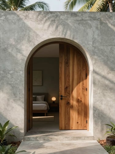 Soft tropical daylight illuminating a minimalist concrete and teakwood villa entrance in Kerala, arching shadows, 35mm architectural photography
