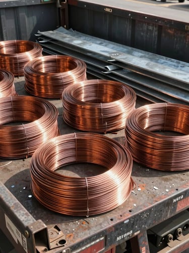 Industrial documentary photography of organized copper wire bundles and heavy metal scrap on a flatbed truck, bright natural daylight, high-contrast metallic textures, 35mm lens.