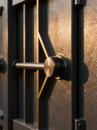 Close-up macro shot of a specialized industrial installation, steel shaft doors with structural gold lines, dramatic lighting, sharp focus