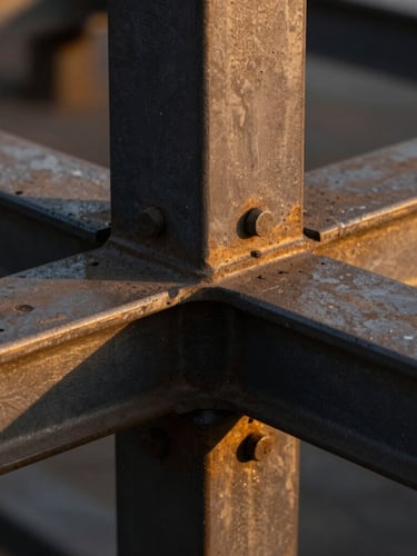 Macro close-up of heavy industrial steel and concrete joints, sharp focus, dramatic golden hour lighting, warm bronze and charcoal tones