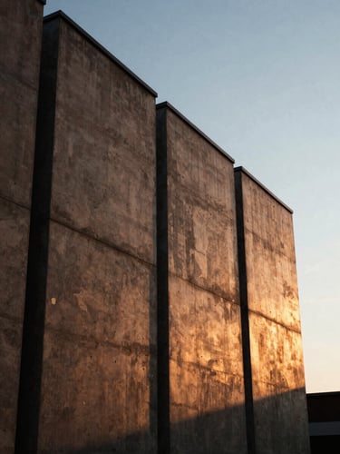 Low-angle architectural photograph of a modern concrete facade against a golden hour sky, sharp shadows, bronze tones, 35mm