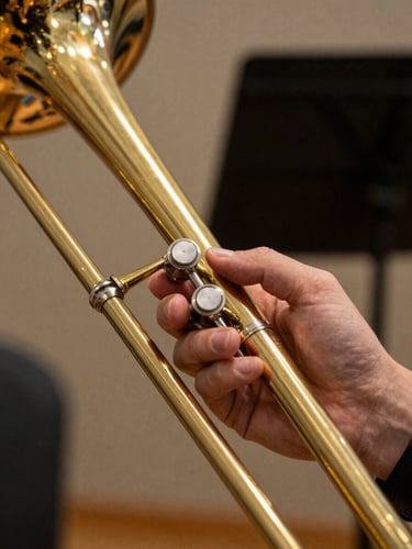 Close-up of a brass trombone slide and hand adjusting the tuning, warm side-lighting reflecting off polished metal, dark music stand in soft focus background