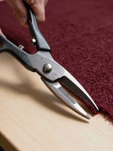 Extreme close-up of heavy steel shears cutting through rich burgundy wool on a warm cream drafting table, sharp directional studio light casting deep shadows.