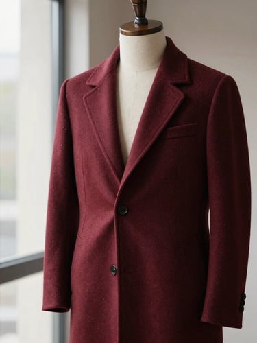 A structured wool coat in deep burgundy on a minimalist architectural mannequin, soft directional north-facing window light highlighting the meticulous seam work.