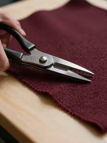 Extreme close-up of heavy steel shears cutting through structured deep burgundy wool fabric on a warm cream cutting table, dramatic side lighting