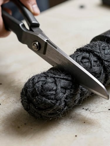 Extreme close-up of heavy steel shears slicing through raw, structured charcoal wool on a cream cutting table, dramatic side lighting casting deep shadows.