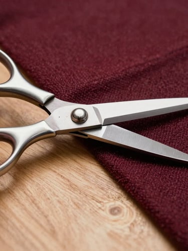 Extreme close-up of heavy silver shears cutting through rich burgundy wool fabric on a clean oak cutting table, high-contrast studio lighting with deep shadows