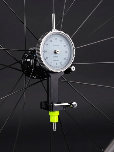 Close-up of a bicycle wheel on a professional truing stand, dial indicator in focus, neon-lime spoke nipples, dark studio setting.