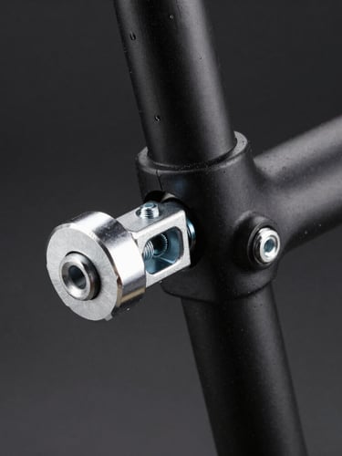 Macro photography of a mechanical torque wrench tightening a titanium bolt on a sleek black bicycle stem, sharp focus, dark background.