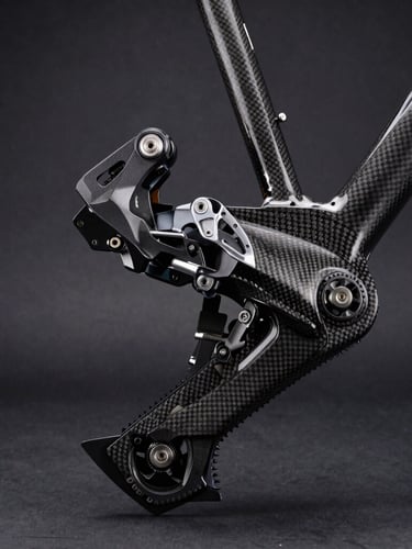 Crisp portrait shot of a mechanic adjusting a carbon fiber frame derailleur under moody studio spotlighting, focus on mechanical details.