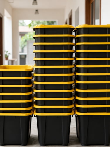 Nested black and yellow reusable moving totes ready for delivery.