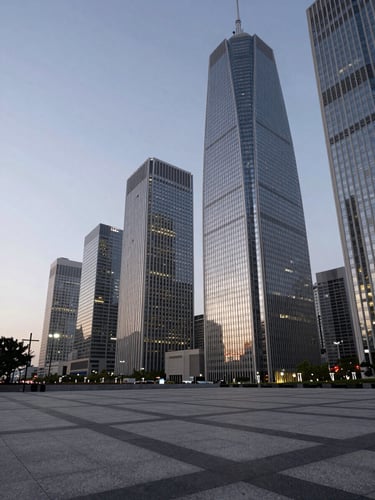 Wide panoramic view of a financial district at dusk, glass towers reflecting neutral city light to the right third of frame, empty foreground plaza with geometric shadow lines, cool overcast sky filling the left half