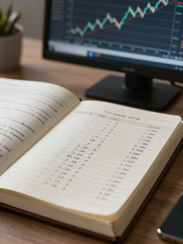 Close-up of a financial analyst's notebook open on a desk, handwritten macro indicators and interest rate differentials in sharp focus, a secondary monitor displaying a line chart of yield curves blurred in background, cool neutral studio light from the left, high contrast