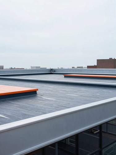 Wide-angle architectural view of a commercial flat roof replacement in Manhattan, clean industrial lines, steel blue tones, bright overcast light