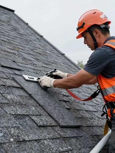 Close-up of a certified roofer inspecting GAF asphalt shingles on a steep residential roof, safety harness visible, sharp focus on materials