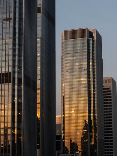 Twilight architectural view of a modern financial district skyline, sharp geometric lines of glass and steel reflecting deep navy and rich gold tones, 35mm corporate photography