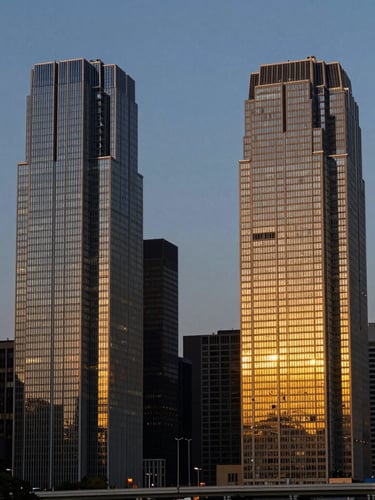 Twilight financial district skyline with sharp architectural symmetry, deep navy and rich gold tones, golden hour light reflecting on glass skyscrapers, wide angle