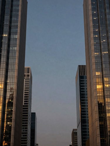Symmetrical architectural perspective of a modern financial district glass skyscraper rising into a twilight sky, deep navy and rich gold reflections, corporate editorial photography, 35mm