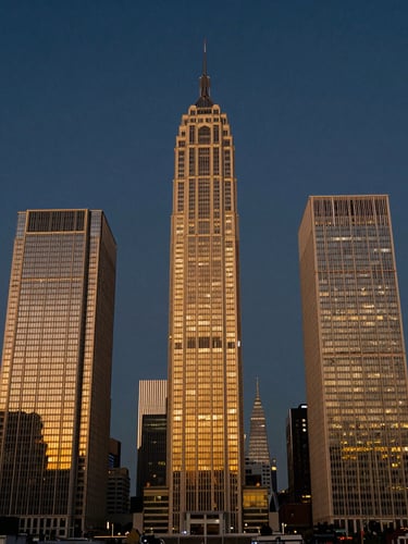 Wide-angle editorial corporate photography of a modern financial district skyline at twilight, deep navy and rich gold tones, sharp architectural symmetry, 35mm