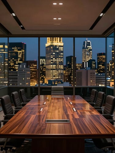 Symmetrical, high-angle editorial corporate photography of an elegant corporate boardroom with rich wood and glass, low-key dramatic lighting, 35mm