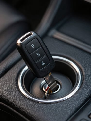Extreme close-up of a car key inserted in ignition, clean black leather dashboard visible in background, sharp studio strobe lighting from upper left, minimal depth of field, vehicle interior in pristine condition