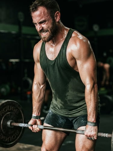 Close-up of a focused athlete lifting heavy iron weights, sweat glistening on skin, dramatic side-lighting with high contrast, deep moss green accents, sharp focus, 35mm lens