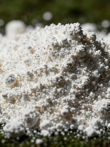 Macro photographic study of pure creatine powder texture, sharp details, dramatic side-lighting with deep moss green shadows, high-contrast athletic aesthetic