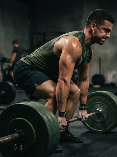 High-contrast athletic photography of a focused athlete's muscular back during a heavy deadlift, sweat glistening under dramatic side-lighting, deep moss green color accents, sharp focus, 35mm lens, raw physical effort.