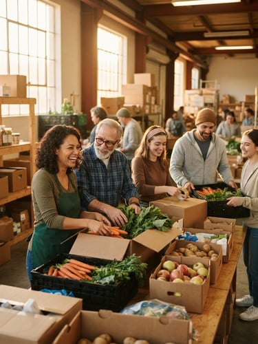 Candid medium shot of community members packing fresh produce boxes together in a sunlit warehouse, warm golden-hour light, rich earthy tones, authentic human connection