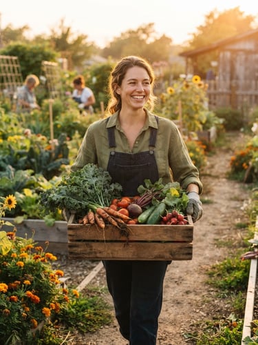 Candid medium shot of a volunteer smiling warmly while carrying a fresh wooden crate of organic vegetables in a sunlit community garden, golden hour light, warm earthy tones, 35mm.