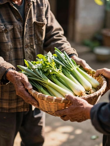 Warm candid portrait of a neighbor handing a basket of freshly harvested green vegetables to another person, sun-dappled outdoor setting, 35mm