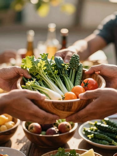 Candid close-up of hands passing a wooden bowl of fresh vegetables at a shared neighborhood outdoor meal, warm sunlight filtering through leaves, 35mm