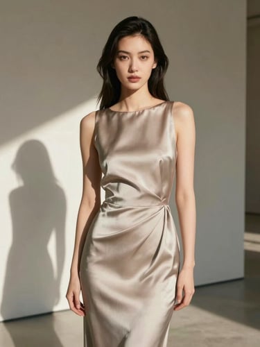 Editorial high-fashion portrait of a woman in a structured heavy silk dress, sharp architectural shadows on a neutral gallery wall, warm natural directional light