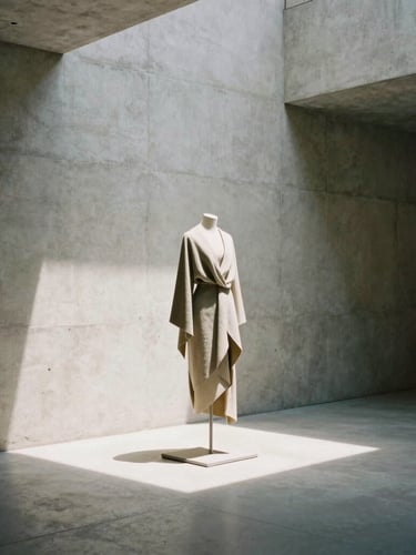 Minimalist architectural concrete interior with soft directional natural light casting sharp shadows, a sculptural garment displayed on a gallery stand, medium format film style.