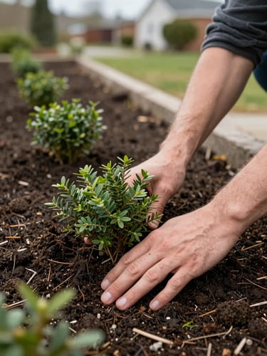 Hands pressing a native shrub into dark amended soil at a residential bed, overcast morning light, close detail of planting work, honest documentary framing