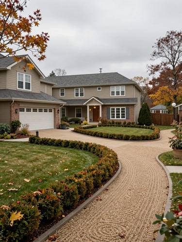 Wide shot of a maintained residential property in late autumn—clean beds, trimmed edges, raked gravel path, overcast daylight, no people, honest environmental framing