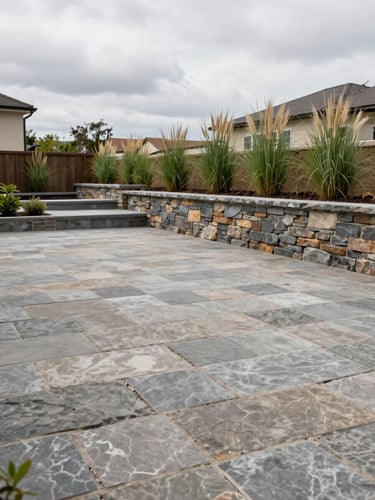 Wide environmental view of a completed residential hardscape — broad flagstone patio with dry-stack stone retaining wall, mature ornamental grasses at border, overcast daylight casting flat honest light across the stonework, camera positioned low and wide to show full site depth