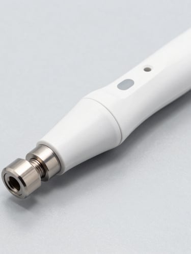 Macro studio product photograph of high-precision dental handpiece components on a clinical gray surface, crisp technical lighting