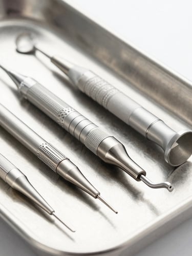 Macro detail shot of sterile stainless steel dental handpieces arranged precisely on a clean metal tray, bright clinical light