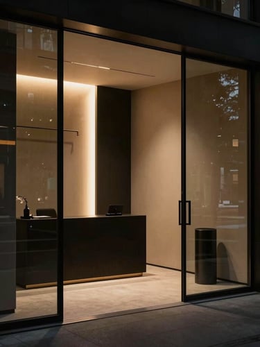 Refined architectural details of a modern minimalist private banking lounge, dark glass panels, warm champagne gold highlights, moody shadows, 35mm