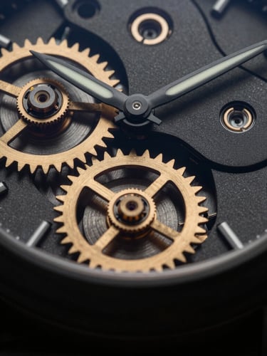 Macro close-up of a high-end luxury mechanical watch gears, gold and matte black colors, moody low-key studio lighting, 35mm