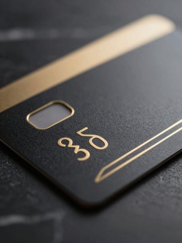 Macro close-up of a premium matte black metal card with gold engraved lines, resting on a dark marble surface, soft golden studio lighting, 35mm